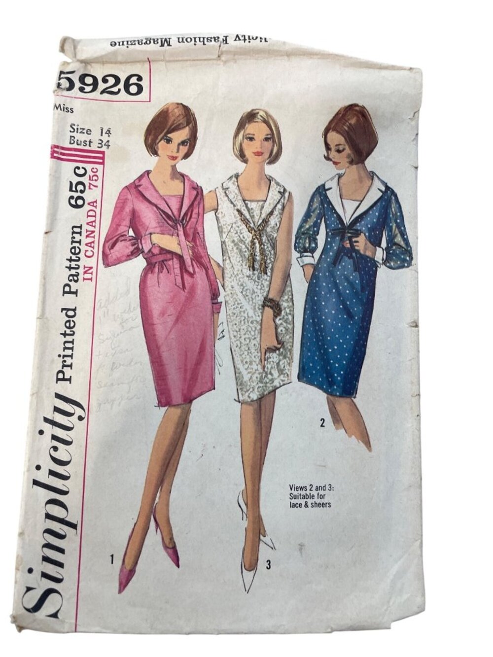 Vintage 60s Simplicity 5926 Sewing Pattern Size 14 Misses One Piece Dress CUT